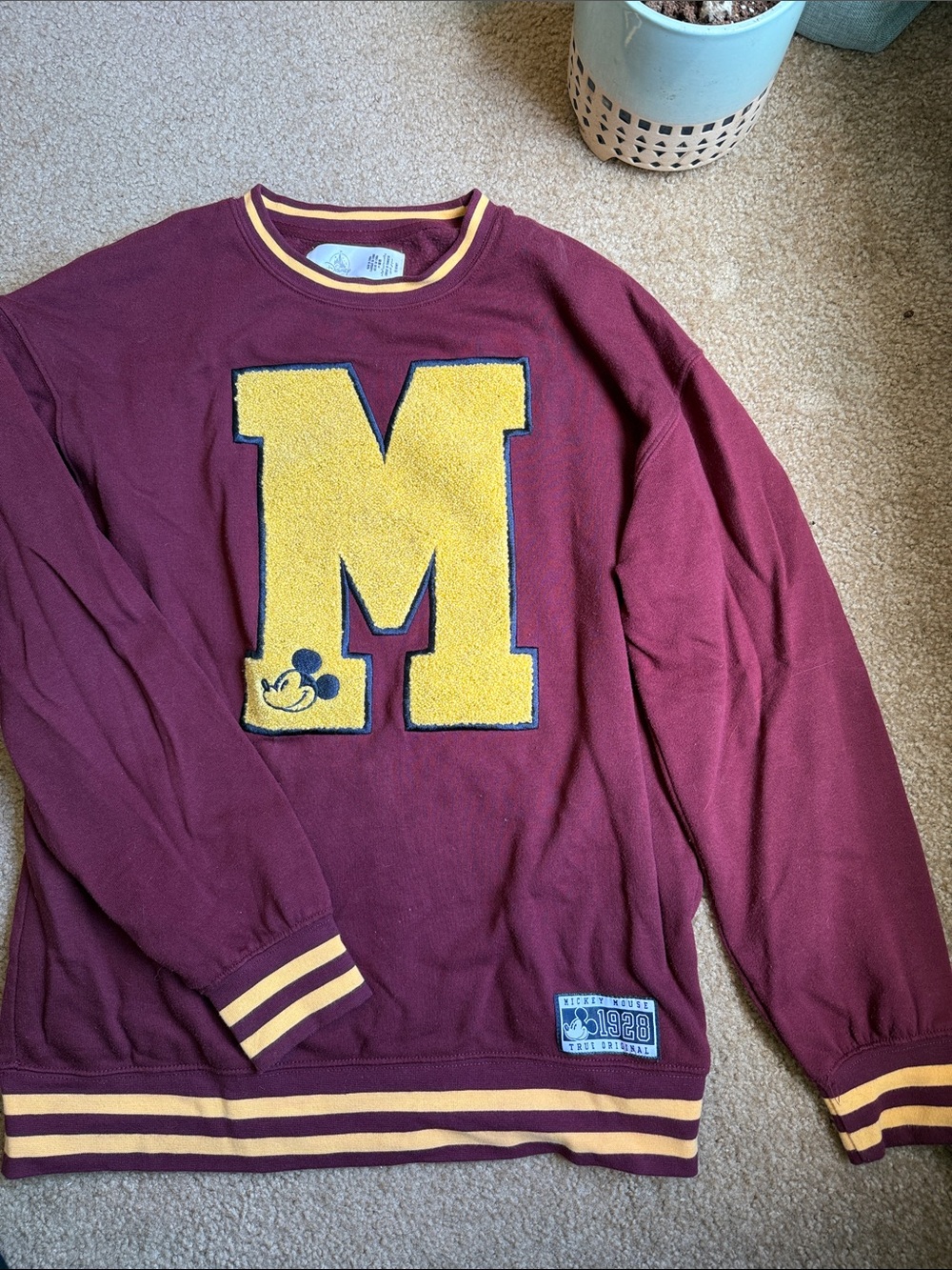 Disney Maroon Crewneck Sweater with Yellow Chenille 'M'